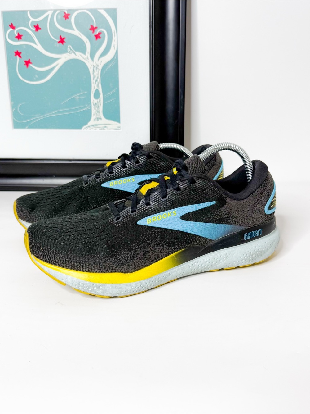 Brooks Ghost 14 Running Shoes Black Blue Yellow Athletic Sneakers Men’s Size 11D